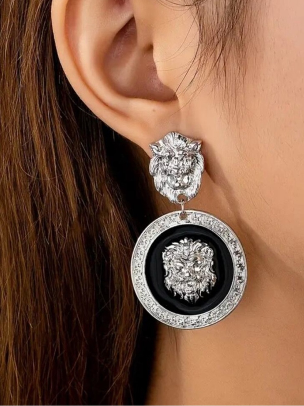 Luxe Silver and Black Lion Earrings